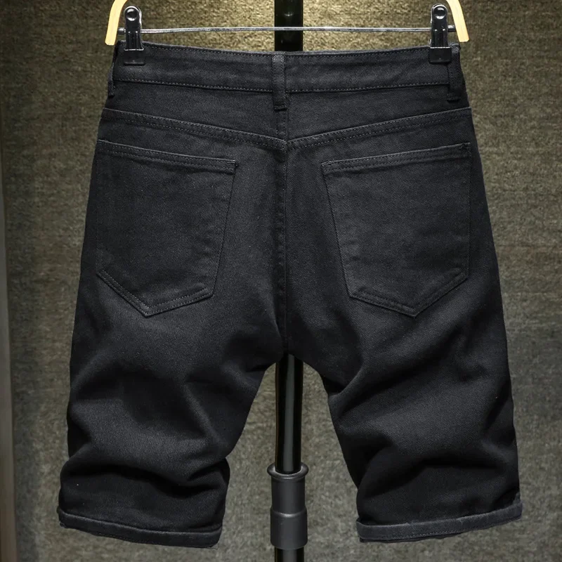 2024 New Summer Men's Casual Fashion Straight Denim Shorts Simple Ripped Streetwear Slim Fit Denim Shorts Male Black White