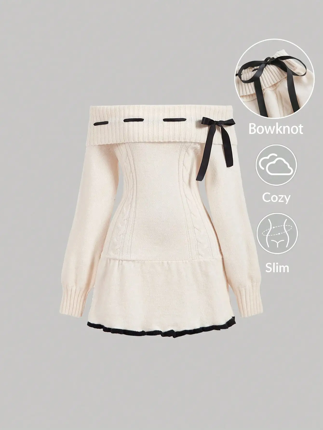 

Cream Off-Shoulder Long Sleeve Knit Dress with Black Bowknot and Ruffled Hem