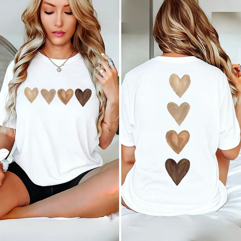 Brown Tone Paint Hearts Front And Back Vintage Art Print Graphic Womens T Shirt Short Sleeve Crew Neck Casual Ladies Tee Tops