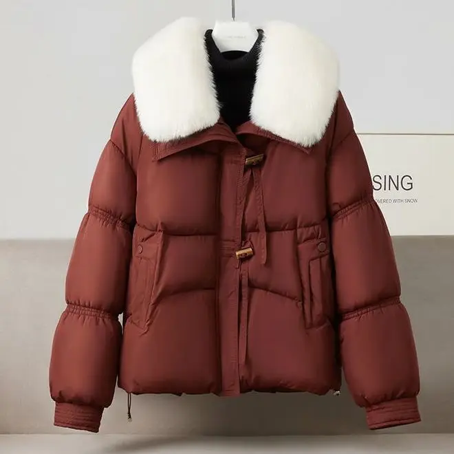 

Модное женское зимнее пальто из хлопка с большим меховым воротником, антивозрастное, для повседневной носки, свободного кроя, на молнии, однотонное