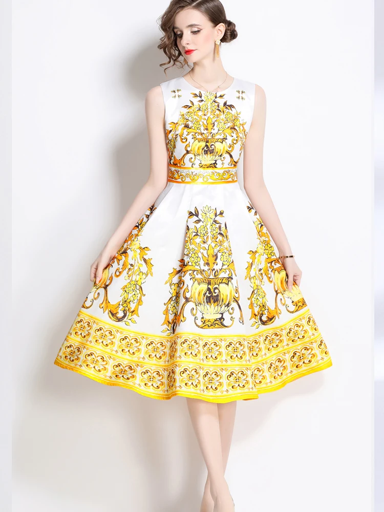 

Elegant Printed Round Neck Slim Fit Vest Dress 2025 New Fashionable Summer Women'S Clothing