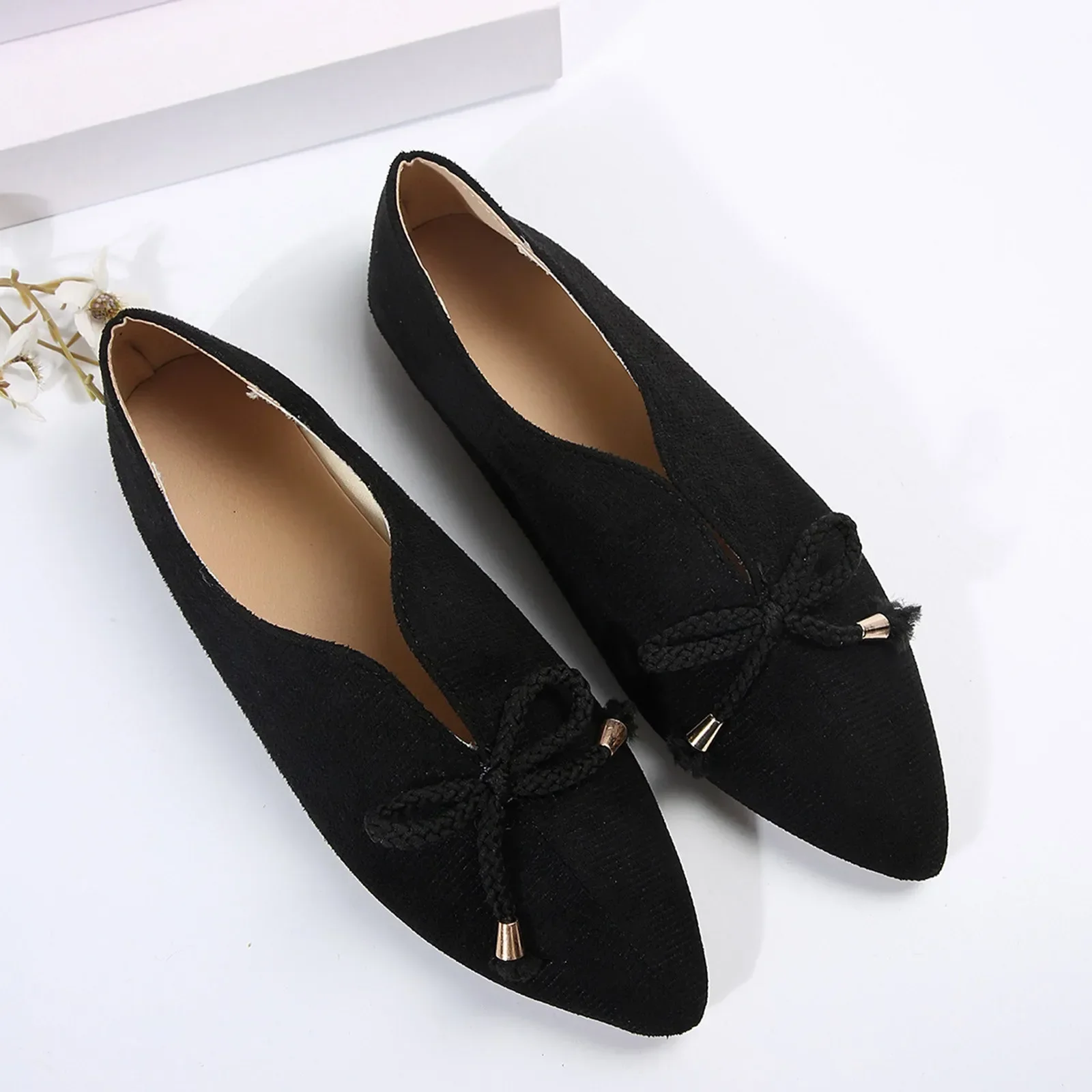 Women Shoes Shallow Pointed Toe Solid Bow Single Shoe Flat Bottomed Casual Slip On Comfort All Match Lazy Shoes 2024 New