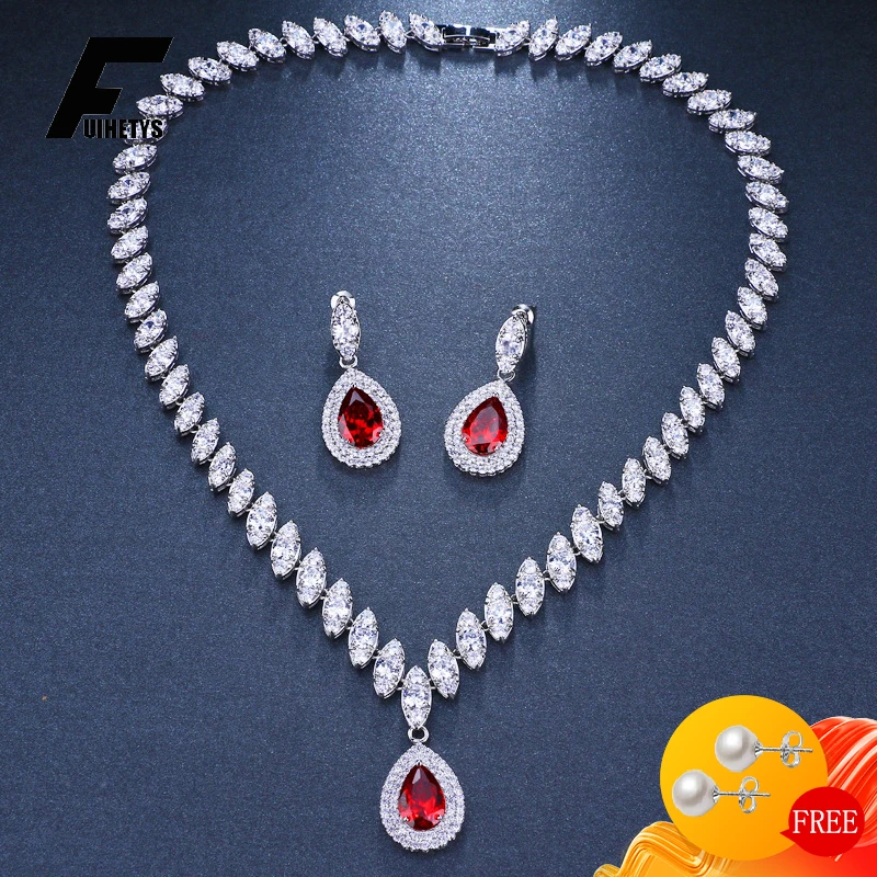 

FUIHETYS Charm Earrings Necklace 925 Silver Jewelry Set for Women Wedding Water Drop Shape Zircon Gemstone Party Gift Ornaments