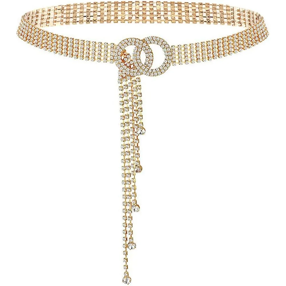 クリスタルベルト 女性用 ラインストーン ウエストバンドベルト ドレス用 スパークル Oリング チェーン ギフト