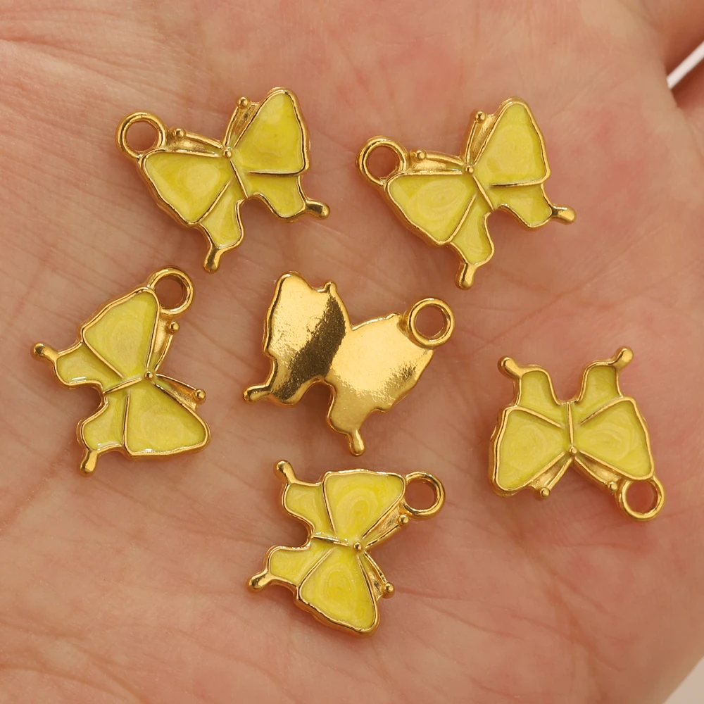 5 uds. Colgante de mariposa esmaltado amarillo de acero inoxidable, dijes de la suerte, Ideal DIY, pulsera, collar, joyería, creación de manualidades al por mayor