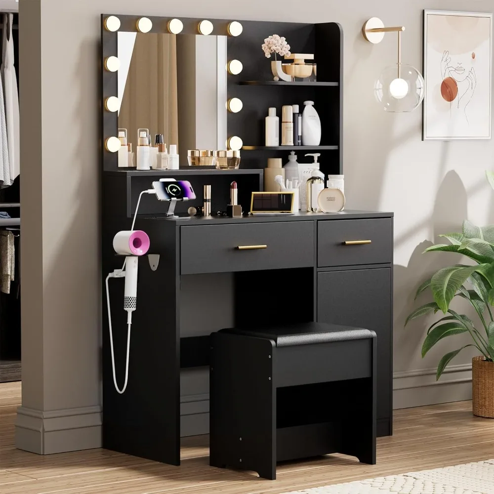 Vanity Desk illuminato con presa di corrente, set da trucco bianco con 2 cassetti, toletta regolabile per B migliorato