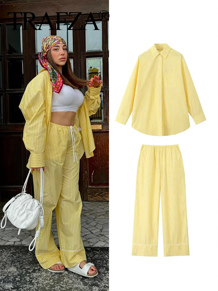 TRAFZA 2024 Women Casual Pants Set Yellow Striped High Waist Loose Pant+ Large Shirt Elegant Style Holiday High Street Trends