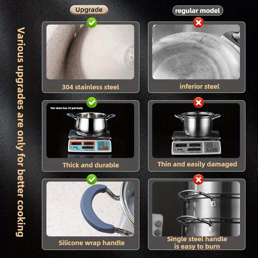 Extra thick heavy-duty SUS304 stainless steel steamer, three-layer steel thickened uncoated cooking pot, soup pot