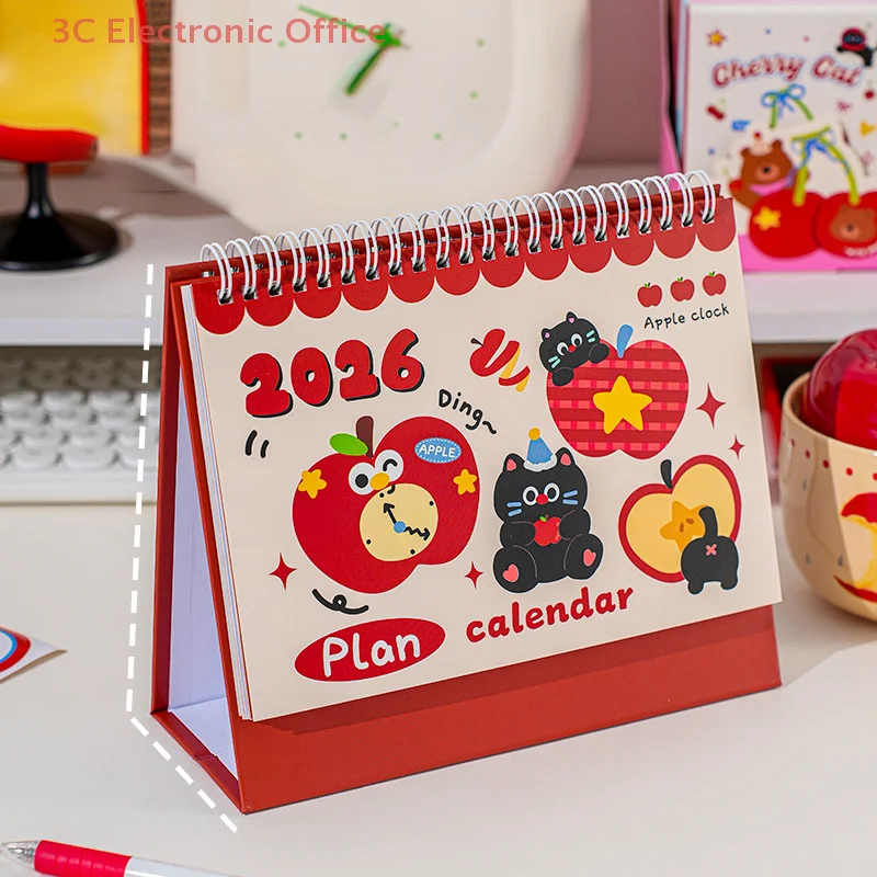 2026 Apple Kitten Calendário de mesa de desenho animado Planejador Decoração de mesa Organizador de papelaria escolar de escritório