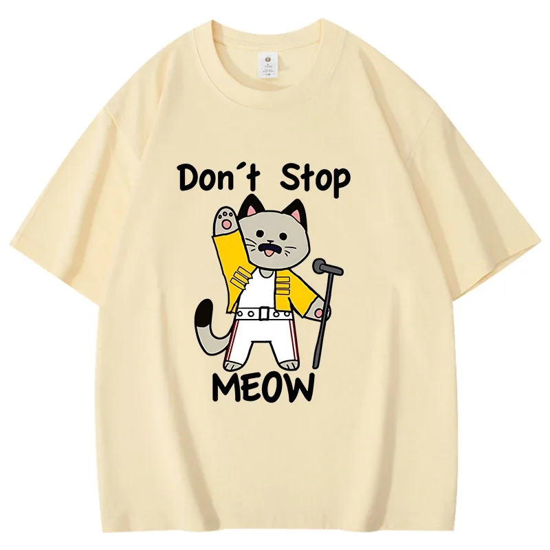 Don's Stop Meow Pattern Men Women Cotton T-Shirt Cat Holding a Microphone Print Unisex Tee Loose Large Size Top Couple Shirt