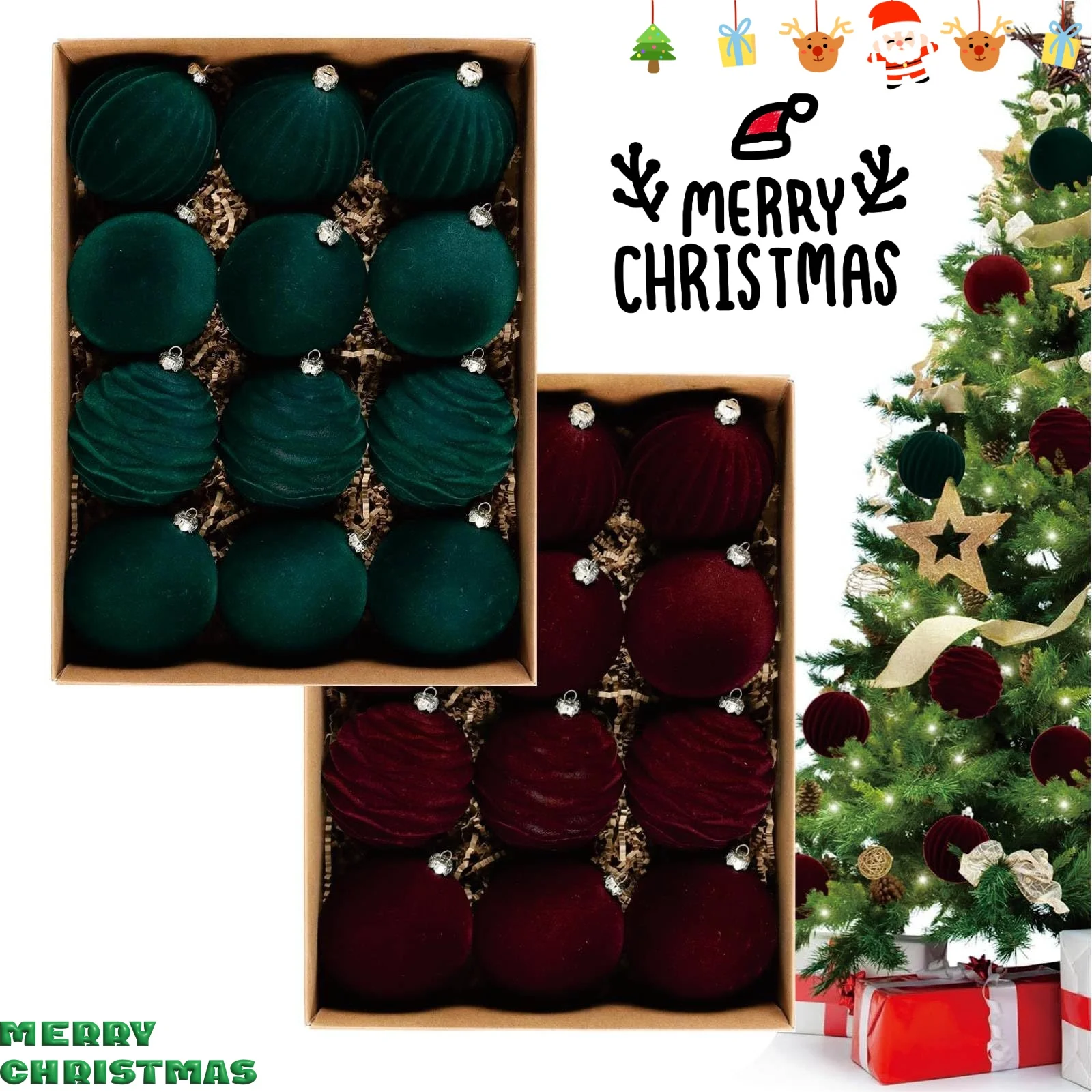 12pcs 6cm Velvet Christmas Ball Ornaments Home Plush Christmas Balls Pendant Red Green Color Balls Reusable Drop Ornaments - Image 2