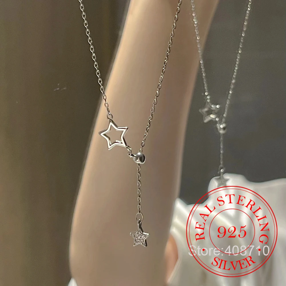 

925 Sterling Silver Zircon Crystal Star Pendant Necklace For Women Choker Chain Wedding Engagement Party Jewelry Gift