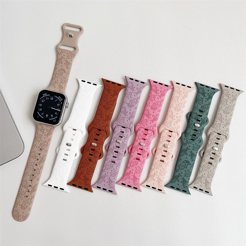 Engraved Mermaid Strap for Apple Watch Ultra Band 49mm 44 40mm 45mm 41mm 42mm Fashion Silicone Bracelet Iwatch Series 8 7 Se 6