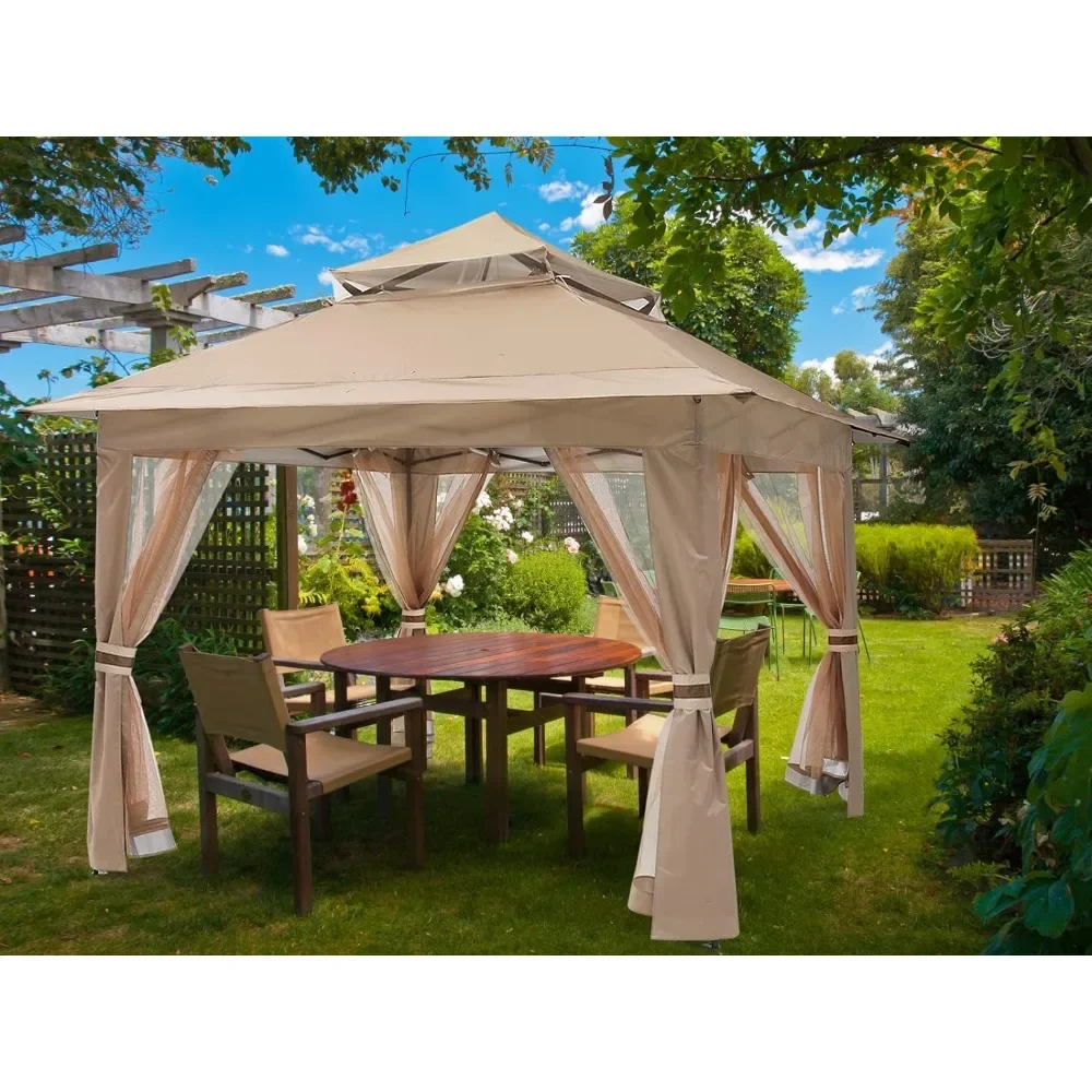 Outdoor Garden Awning Patio Gazebo Outdoor Pop Up Gazebo with Mesh Walls (13x13 Khaki) Canopy Tent Waterproof Decor Terrace Home