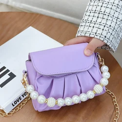 Beaded Handle Children's Chain Crossbody Bags Pleated PU Leather Baby Girls Small Shoulder Bag Cute Princess Coin Purse Handbags