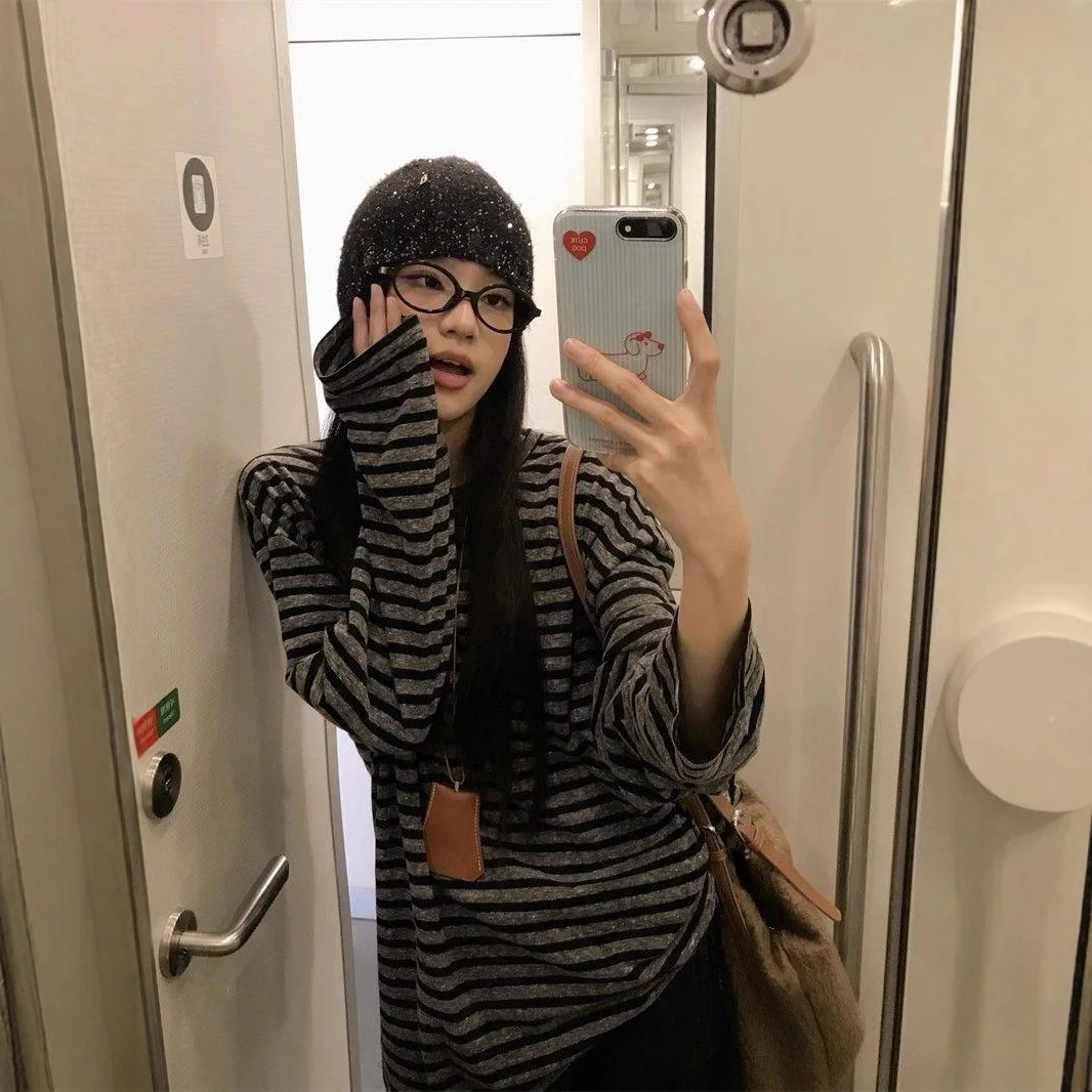 Women T-Shirt Lady Autumn Vintage Striped Long-Sleeve Top T-Shirt Girls Student Crew Neck Top Loose Casual Long-Sleeve T-Shirt