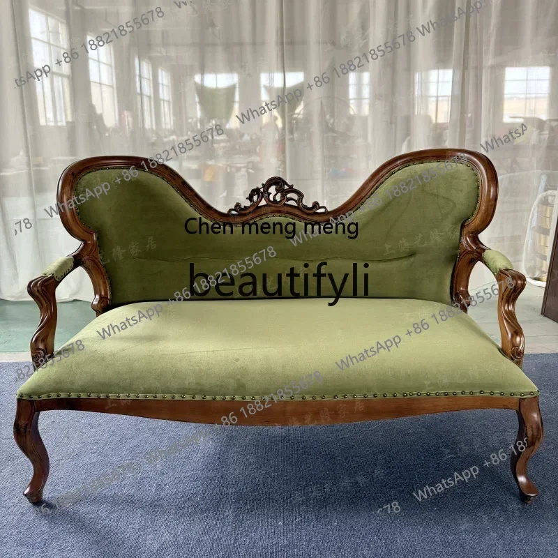 

D178 American solid wood sofa fabric carving old double three-person European court style light luxury sofa