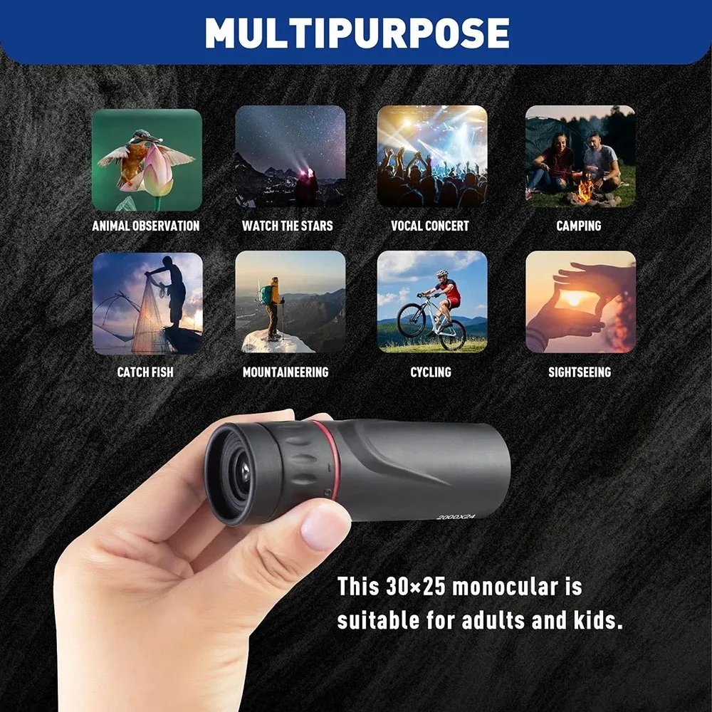 Télescope monoculaire HD 2000X24 avec adaptateur de téléphone – Mini portée portable pour l'observation des étoiles, le camping et la chasse