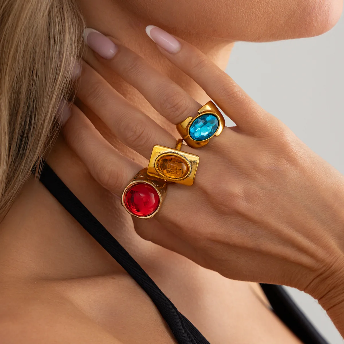 New Punk Tide Individuality Retro Geometric Hollowing Inlay Gem Rings SetLiquid State Metal Three-Piece Rings Set Paty Jewelry