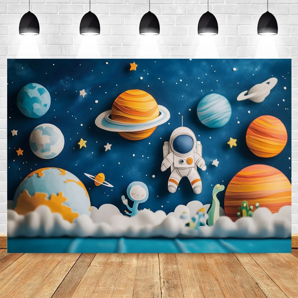 خلفية الفضاء لرائد الفضاء للتصوير الفوتوغرافي لحفلة عيد ميلاد الطفل بالون الفضاء الخارجي كوكب المجرة كعكة سحق صورة خلفية ديكور
