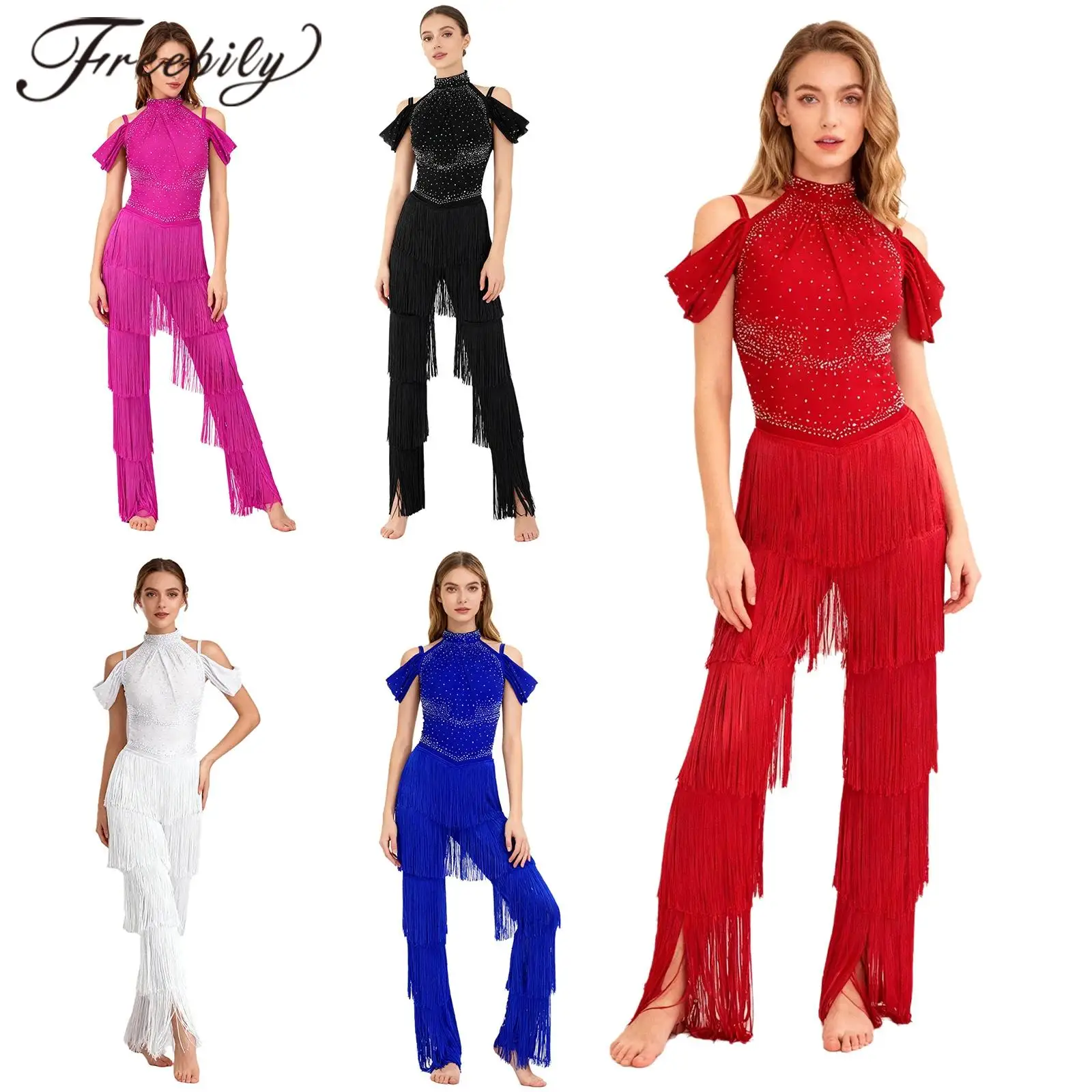 Womens Chacha Tassel Jumpsuit Adults Fringed Latin Dance Costume for Tango Samba Rumba Salsa BallroomDance Perfomance Bodysuit