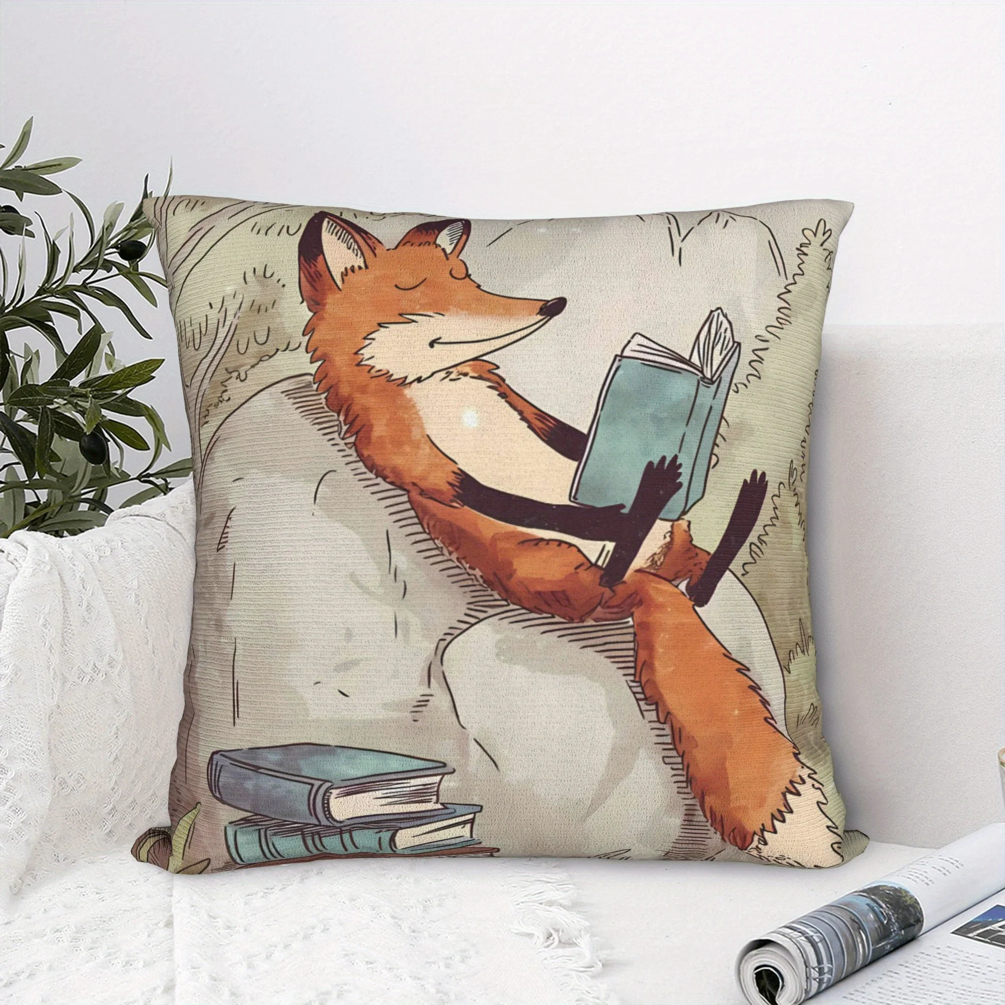 1pc 2D Printed Pillowcase Without Pillow Insert, Featuring a Reading a Book Design, Modern Watercolor Animal Pattern, Zipper Closure, Decorative Cushion Cover, Suitable Living Room Home Decor, Book-themed, Fun Illustrations, Easy-care Fab