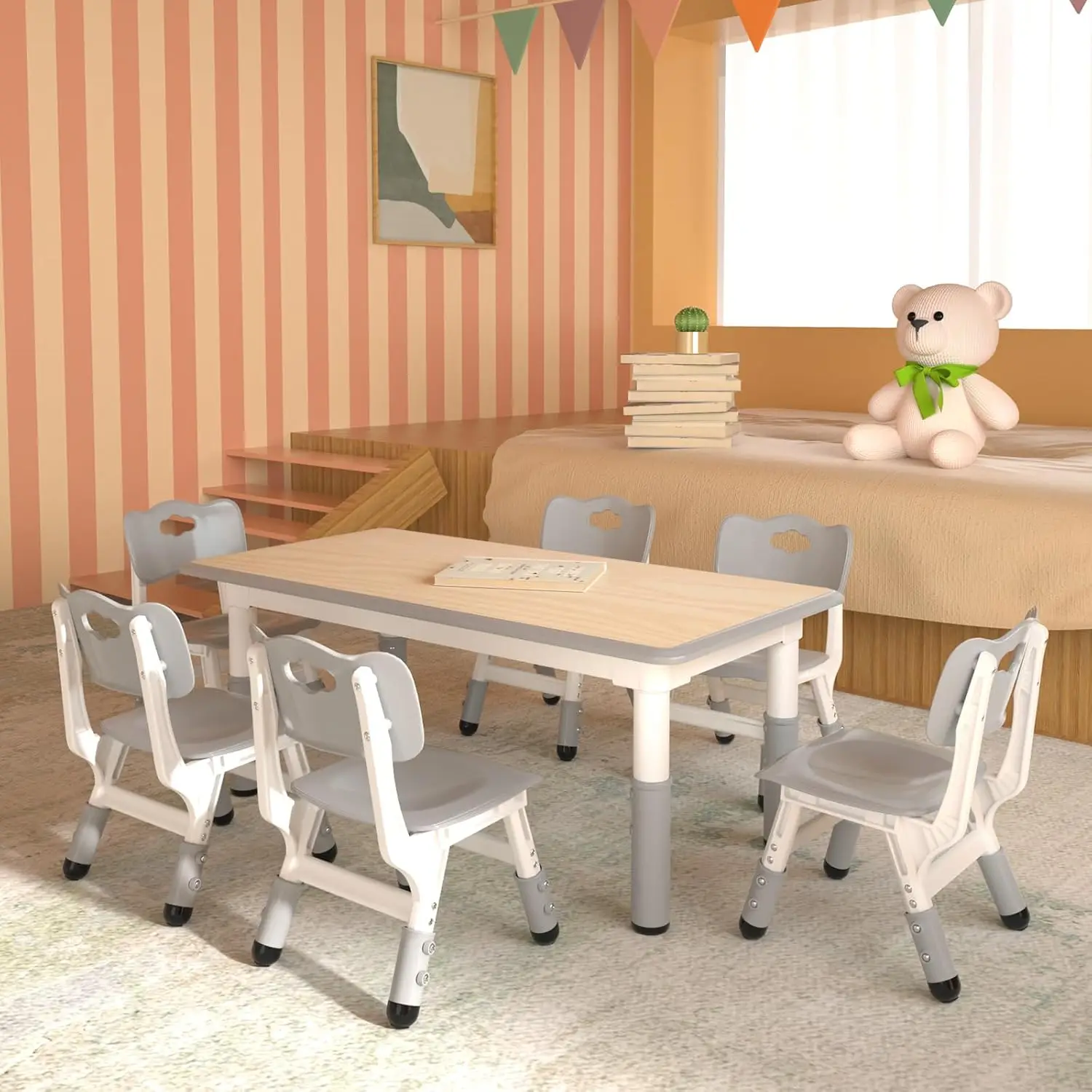 子供用テーブルと椅子6脚セット、高さ調節可能な子供用テーブルと椅子、幼児用学習マルチアクティビティテーブル、47.2インチ×23.6インチ