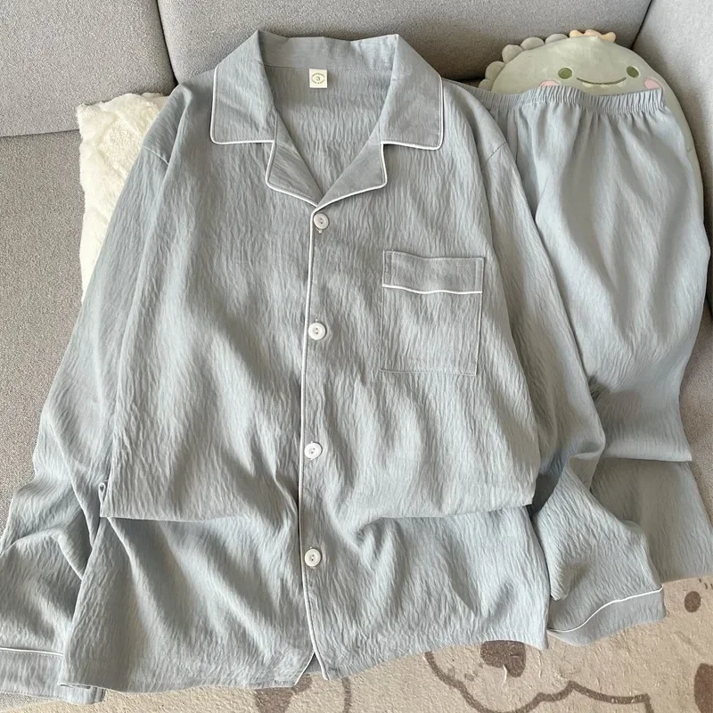 Men's Autumn Winter Solid Pajama Set Lapel Neck Long Sleeve Two Piece Home Loungewear Casual Simple French Sleepwear Set