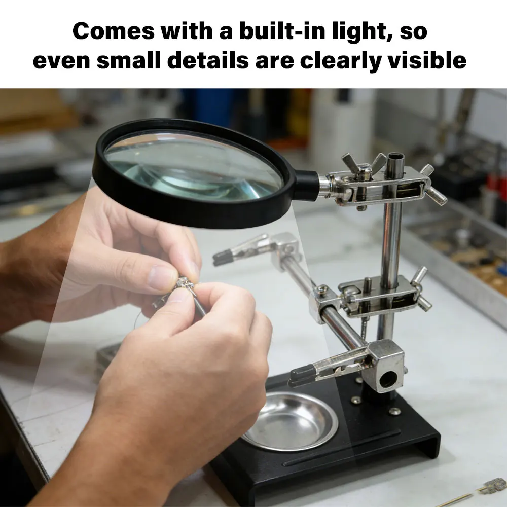 5X Adjustable Magnifying Glass Helping Hands Stand with Dual Alligator Clips for Soldering and Crafting Projects