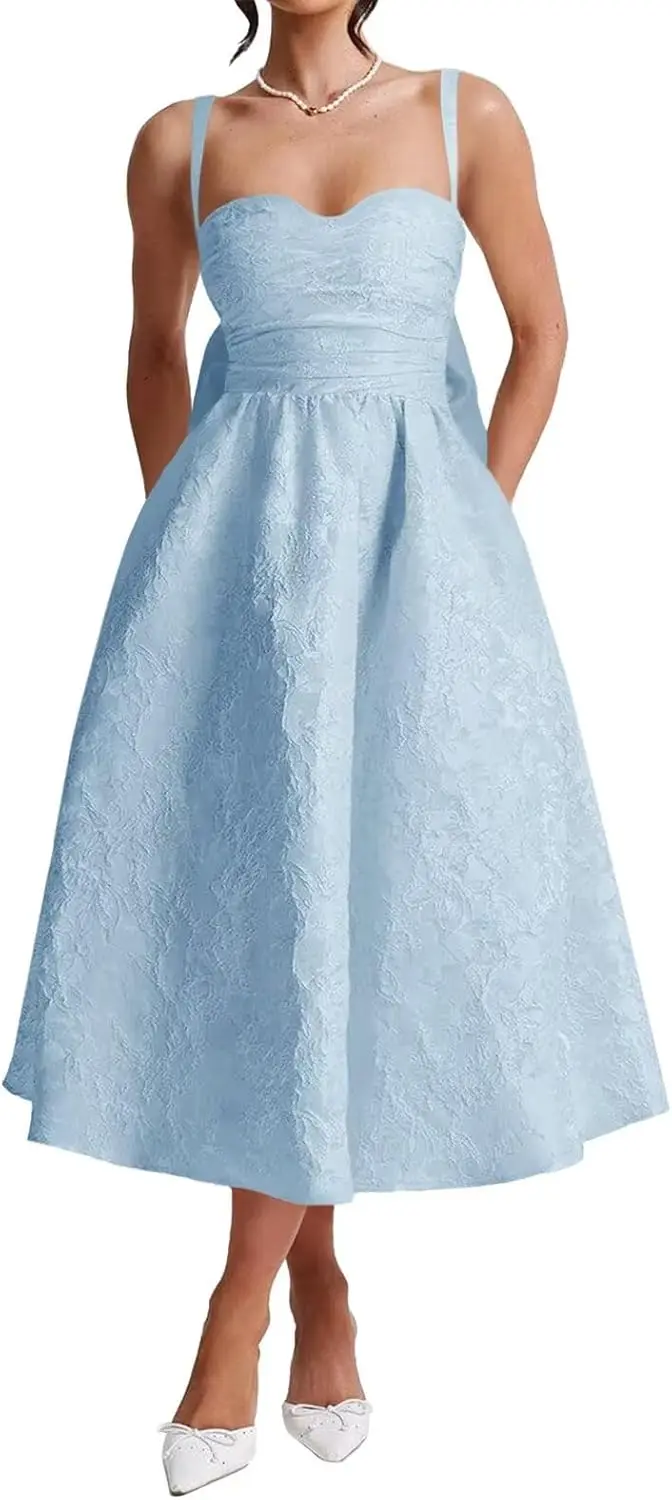 

Jacquard Satin Prom Dresses Tea Length with Bow Open Back Bodycon A Line Formal Party Gown for Women Evening Graduation Dress