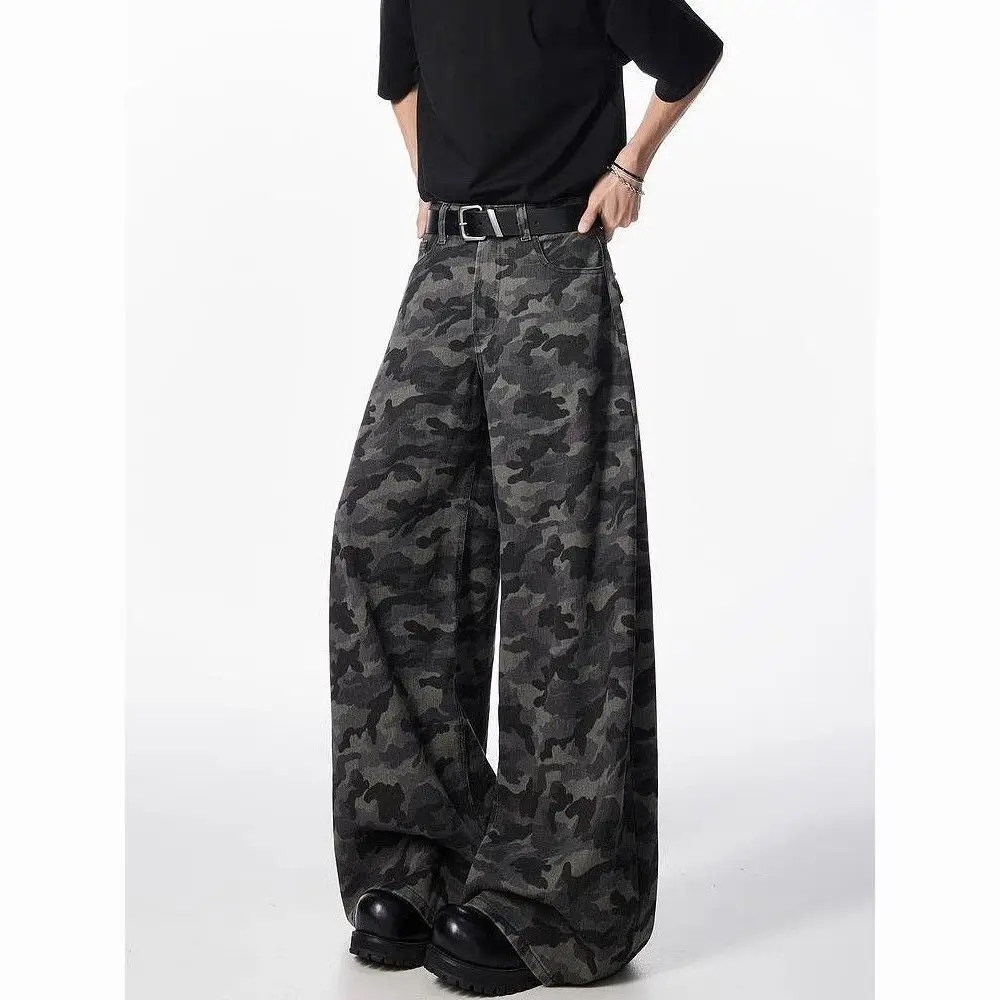 All-Season Camo Straight Jeans Men's Loose Wide Washed Heavyweight Denim Pants