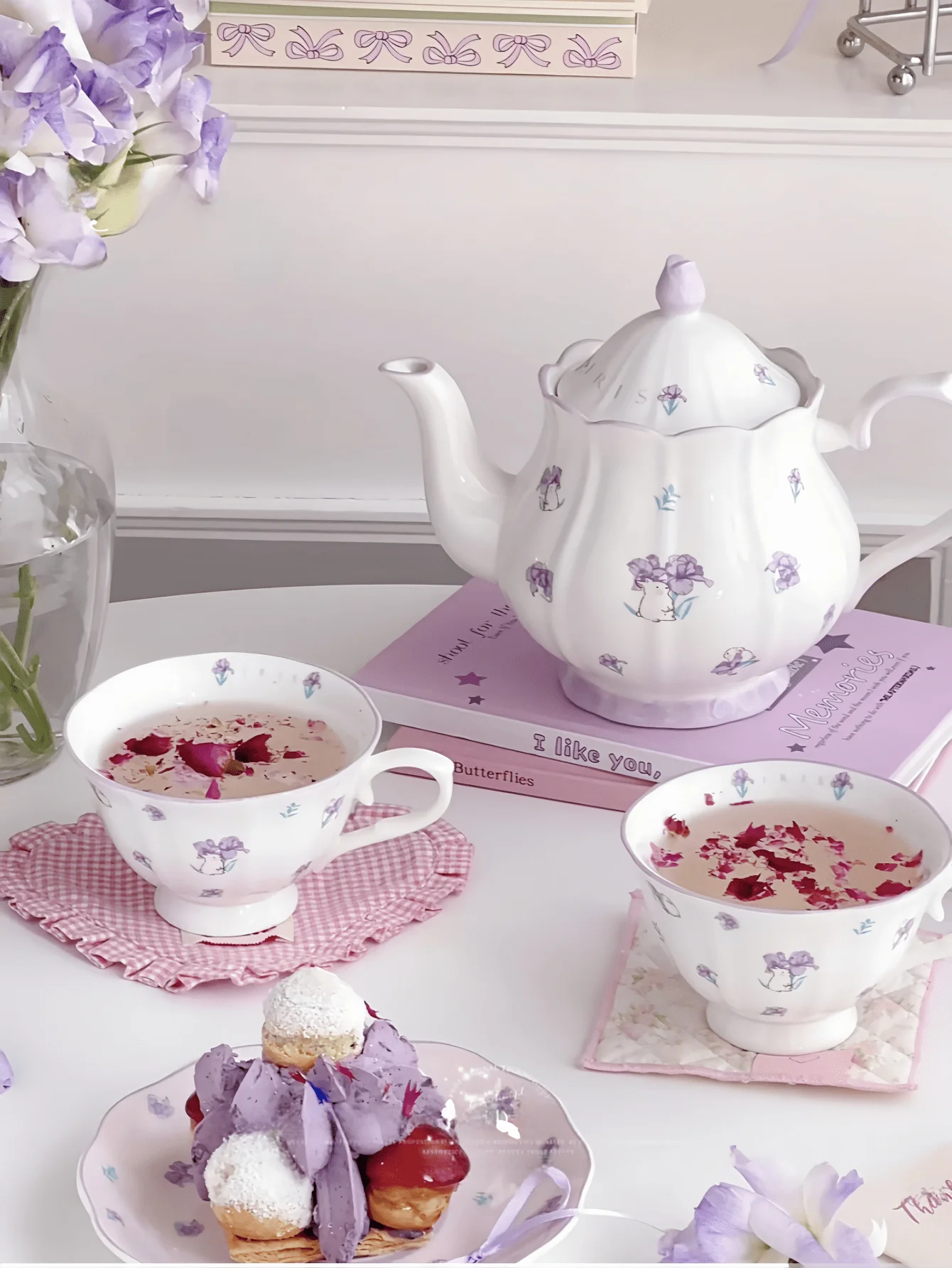 1set Purple Ditsy Floral Rabbit Ceramic Tea Pot, Cup & Saucer Tableware Set, French Chic Ditsy Floral Rabbit Coffee Pot, Cup & S