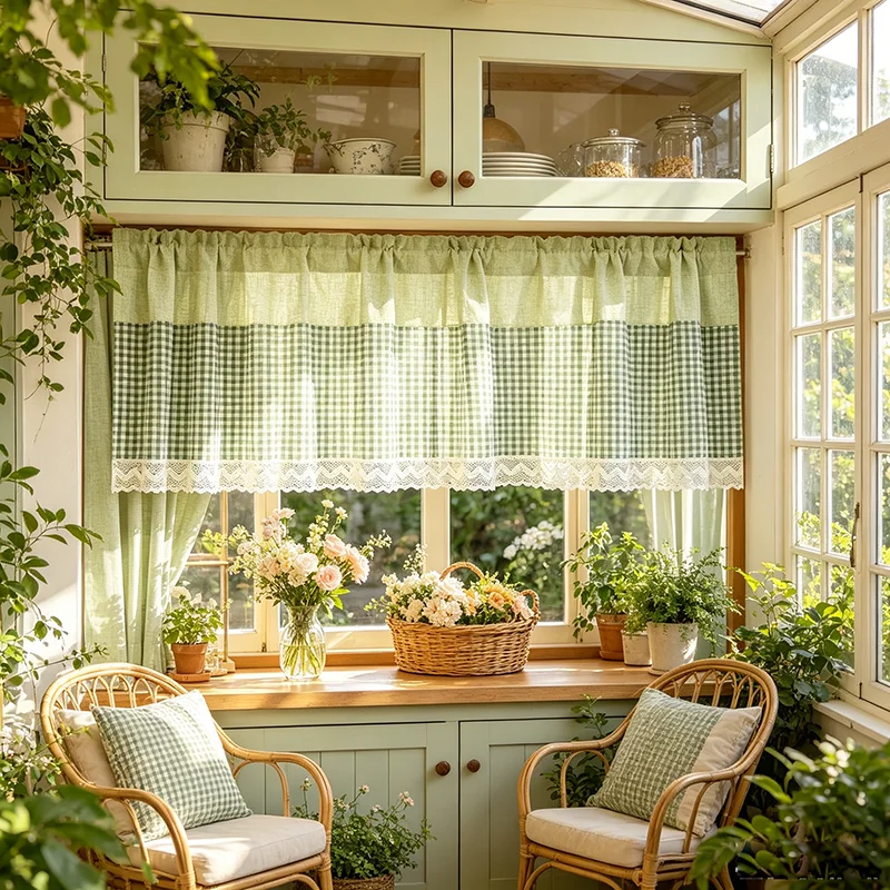 1PC American Countryside Green Semi Shading Cafe Curtain Classic Plaid&Beige Crochet Lace Small Curtain For Living Room Kitchen