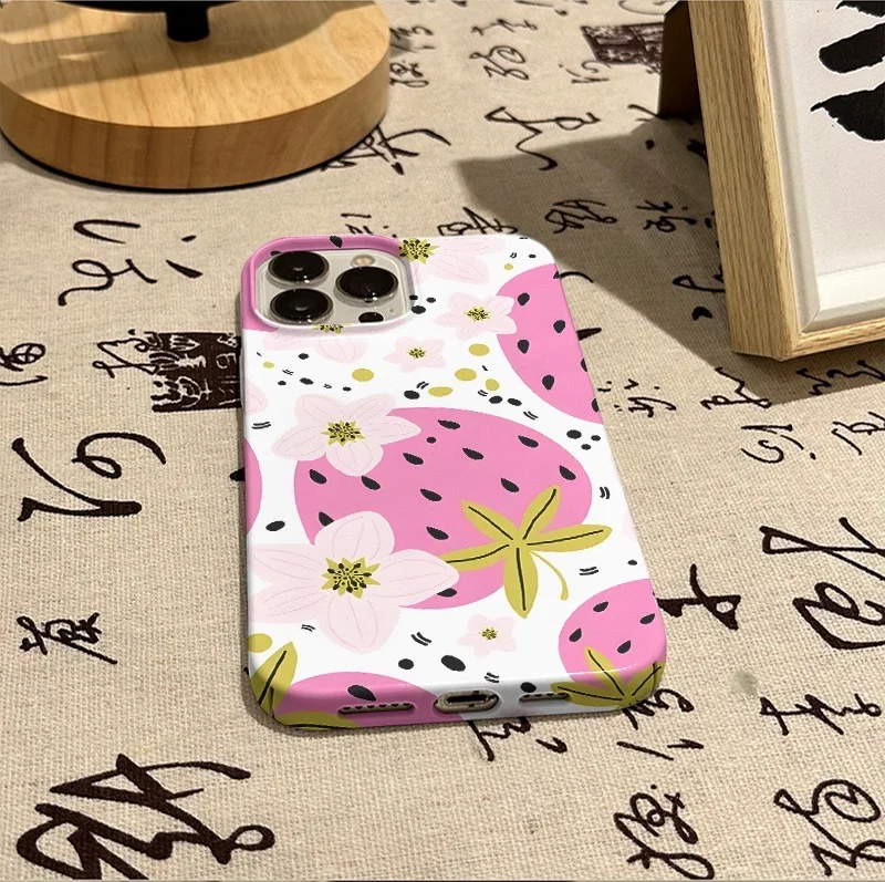한국어 Ins 핑크 딸기 만화 케이스 IPhone 16 15 14 13 Pro Max 12 Mini 11 Pro 충격 방지 보호 하드 아크릴 커버