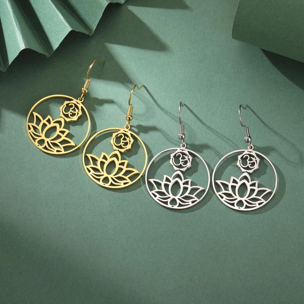 Dawapara Yoga Lotus OM Symbol Dangle Earrings for Women Aum Ohm Spiritual Amulet Chakra Pendant Stainless Steel Jewelry