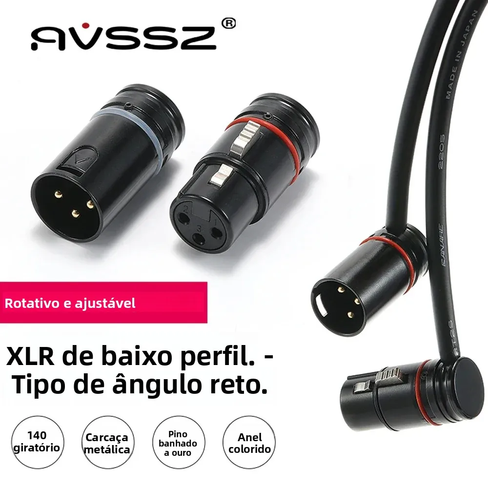 Conector de cabo XLR de 3 pinos de perfil baixo AVSSZ 90 °   Plugue XLR giratório 360 com chave, para microfone, mixer de áudio, amplificador de fone de ouvido