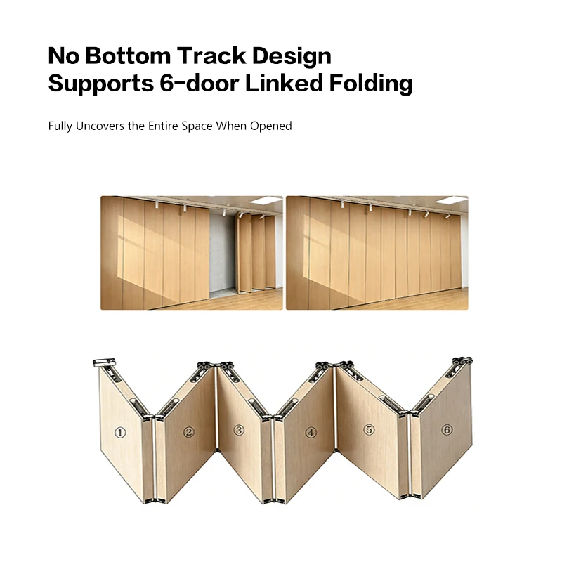 Bottomless Linked 3-Fold Folding Door Hardware Kit Overhead Concealed Track Rail System For Interior Wooden Partition Wall