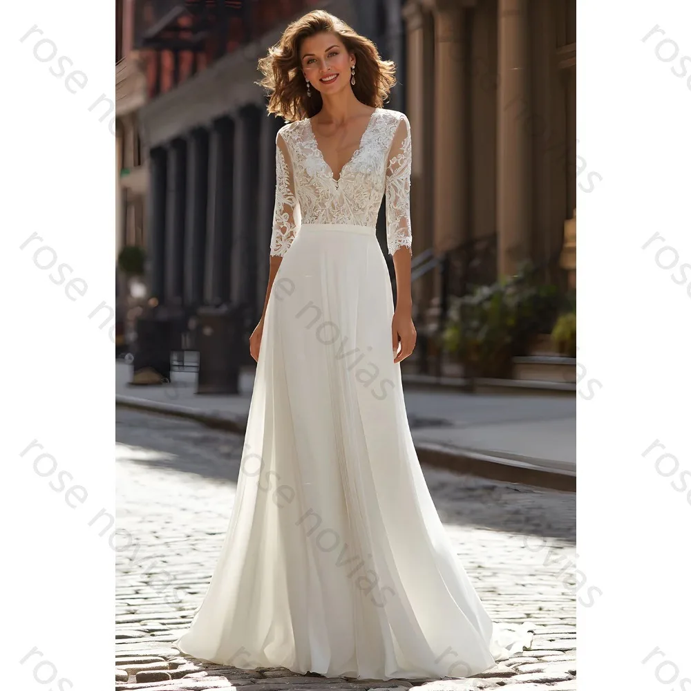Customized Chiffon Wedding Dresses For Bride V-Neck High Quality Appliques White Bridal Cheap A-line for Floor-Length Simple