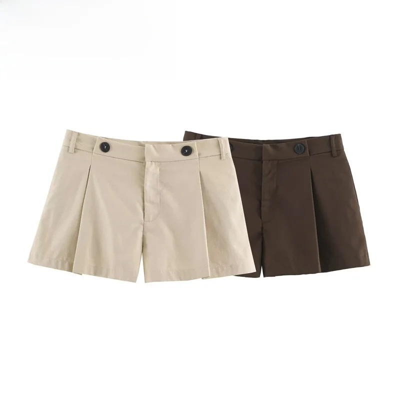 Fashionable Casual Pleated Button Short Pants for Women High Waist Straight Leg Polyester Fiber Autumn Season Ladies Trousers