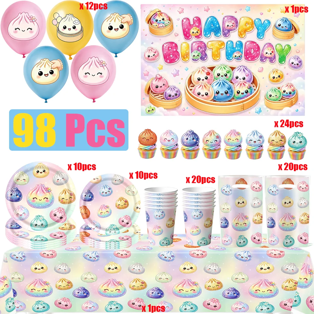 Squishy Dumpling Geburtstagsparty-Dekorationsset Einweg-Tischgeschirr Becher Teller Serviette Geschenktüte Banner Hintergrund Kinderparty-Zubehör – Detail 6