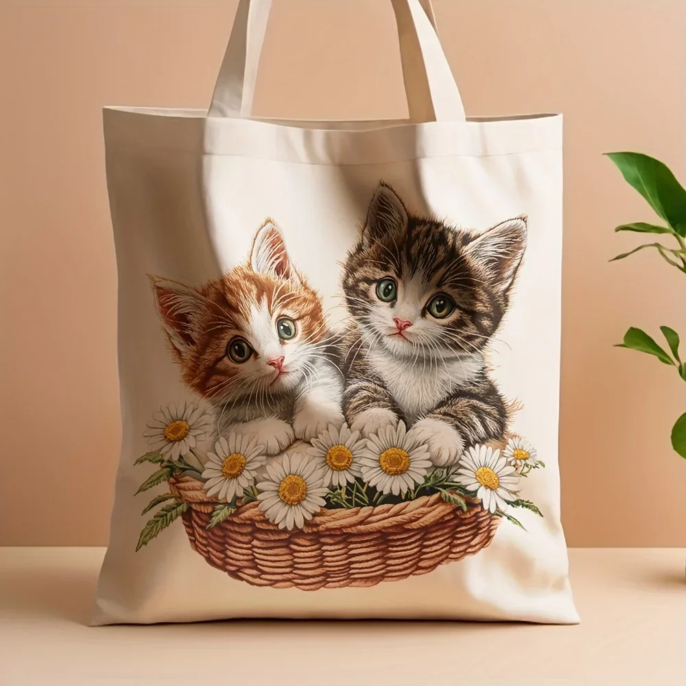 1pc Adorable Kittens & Daisies Canvas Tote Bag - 35.05cm x 40.13cm Reusable Grocery Bag with Vibrant Orange & White Kitten Desig