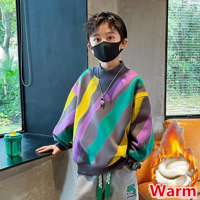 

Stylish Kids Boy Warm Striped Sweatshirt with Fleece Lined Children Fashion Thermal Hoodie Outerwear Winter Clothing Age 5-14 Y