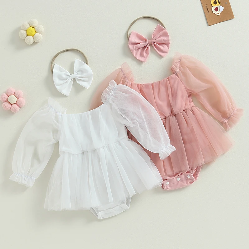 Lioraitiin 0-24M Newborn Baby Girl Romper Princess Infant Toddler Long Sleeve Tulle Jumpsuit + Bow Headband Fall Spring Outfits