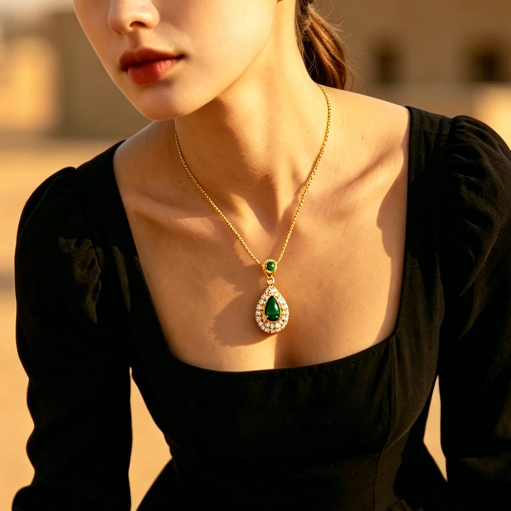 European and American Fashion Cross-Border Green Zircon Water Drop Pendant 18K Gold Necklace Full of Diamonds, Fashionable and Versatile Design with a High-End Feel
