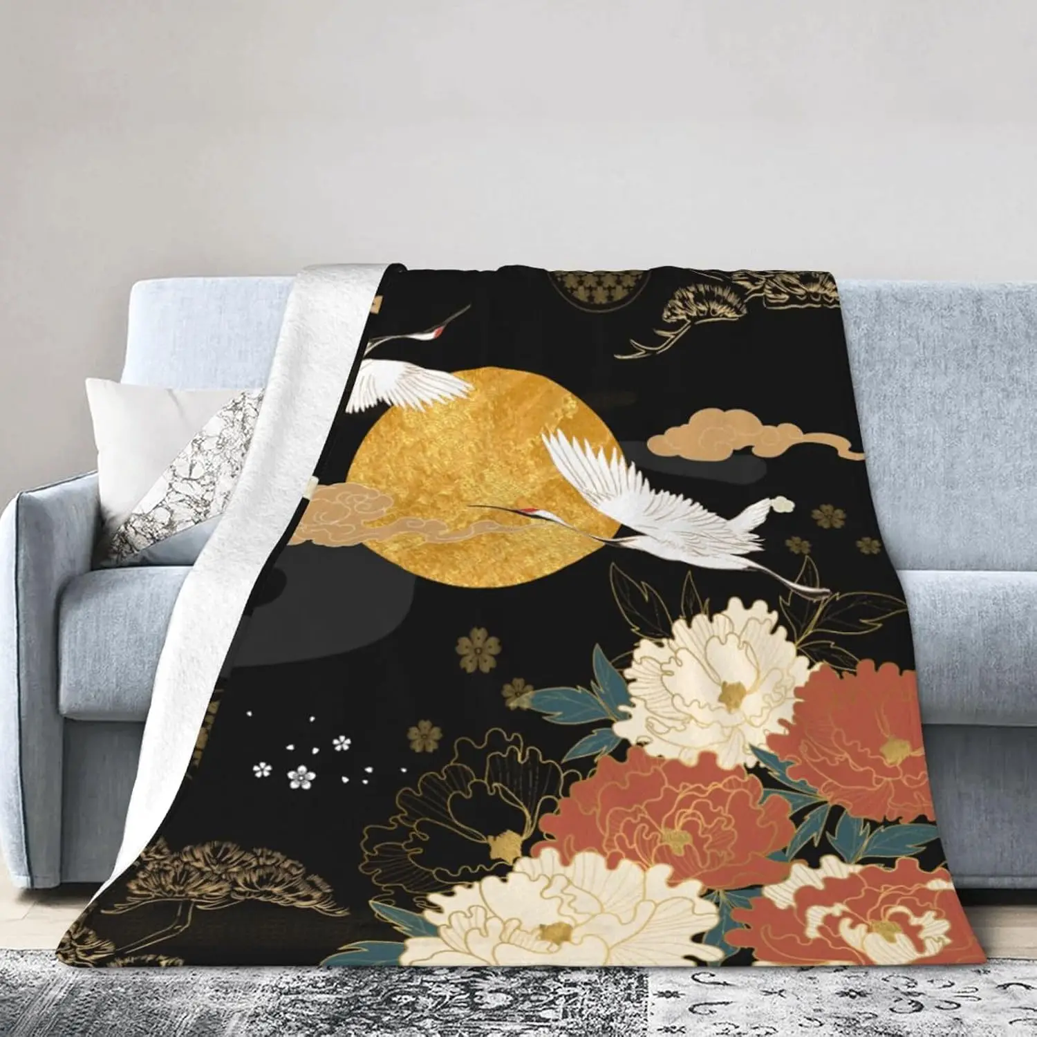 Oriental Vintage Flying Cranes Golden Cloud Peony Pine Traditional Pattern Comfortable Fleece Blanket Fit Sofa Bed Elegant