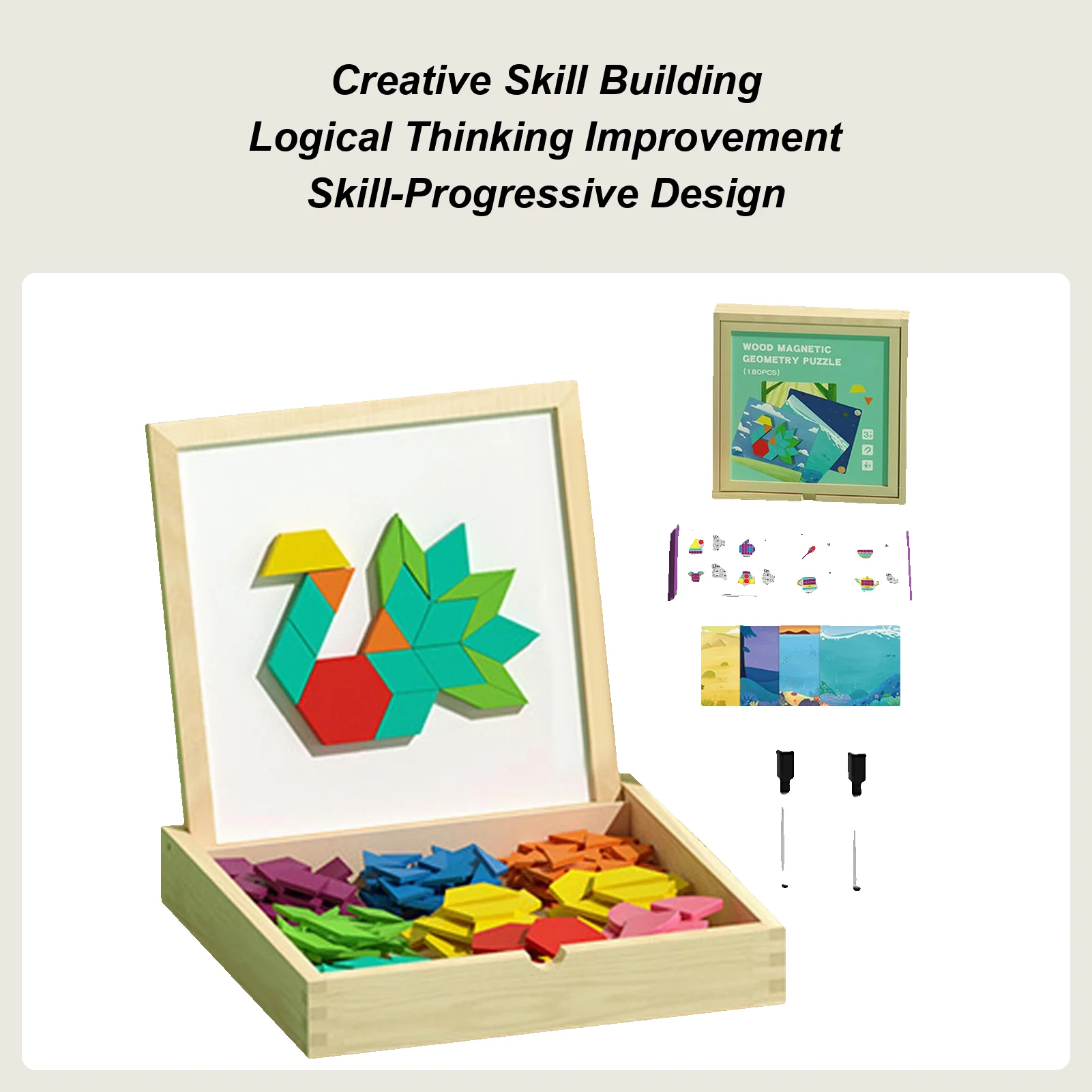 

Набор магнитных деревянных блоков с узором, обучающие игрушки Монтессори по математике и геометрии с карточками активности для детей, образовательный подарок