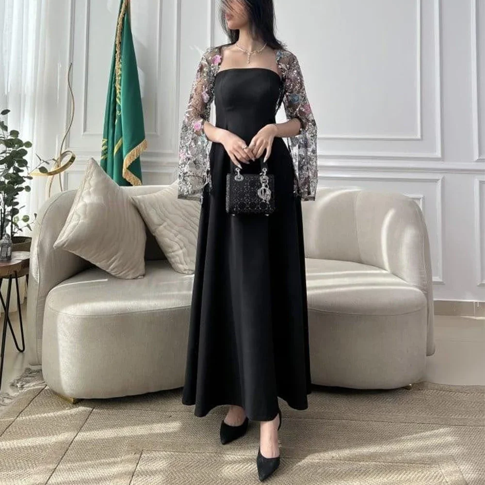 

Customized Piece Evening Dress Strapless A-Line Ankle Length With Jacket Long Sleeves Illusion Lace Applique Women Party Gowns