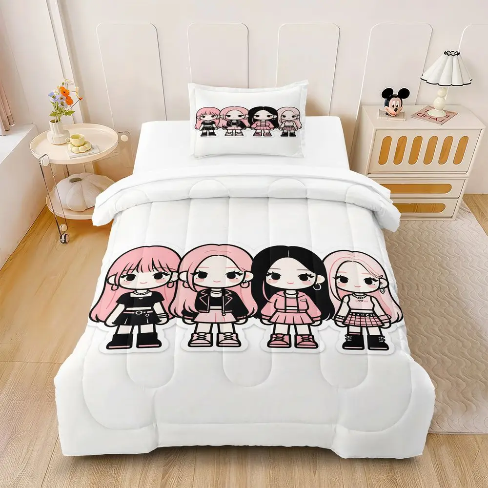 Simple Black Pink Cartoon Girls Print Comforter Set Quilt Bedding Set Pillowcase Minimalist Teen Bedding Decor