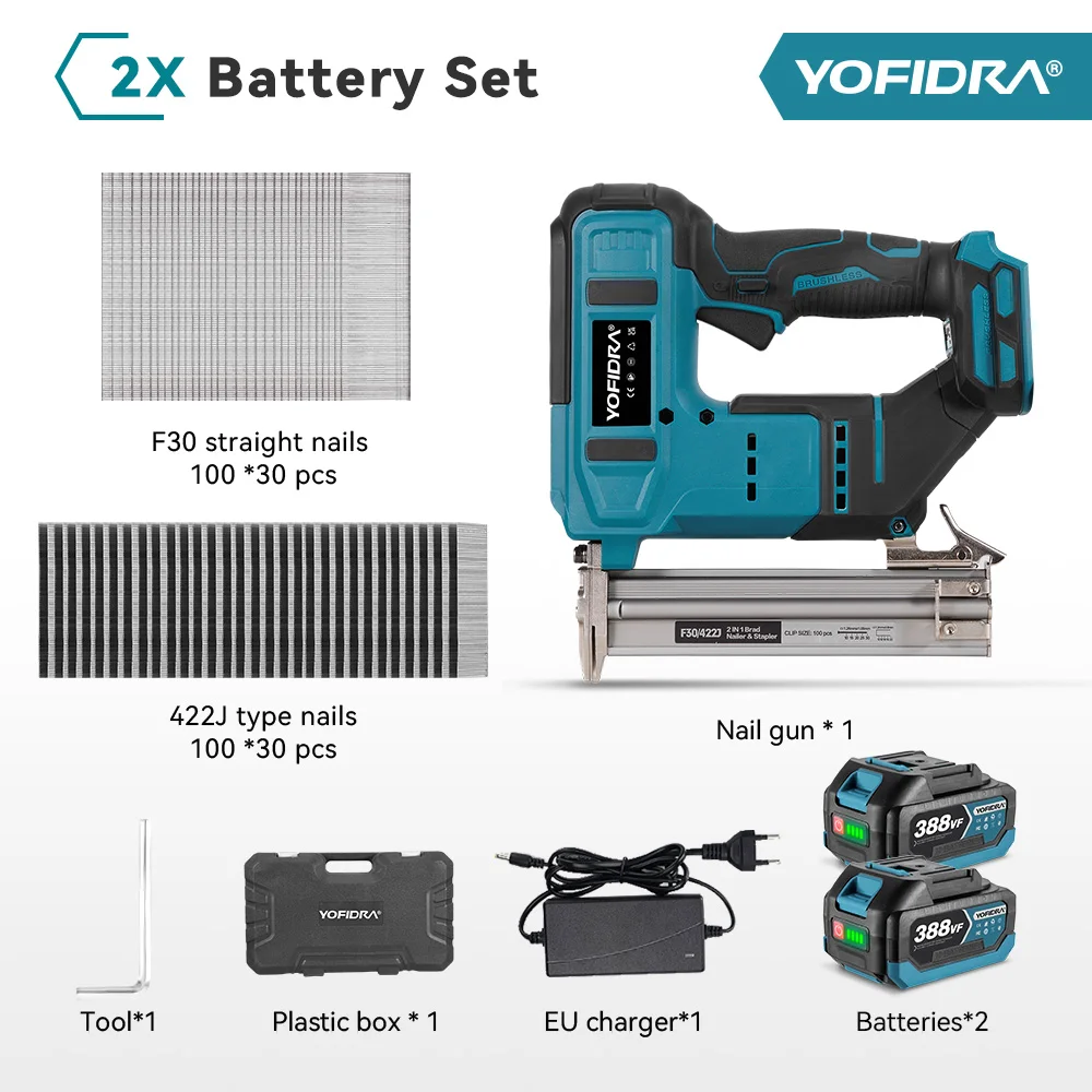 YOFIDRA Borstelloze 2-in-1 30mm Elektrische Nagelpistool/Hechtpistool, Frame-nagelpistool, Tacker, Elektrisch Gereedschap voor Makita 18-21V Accu