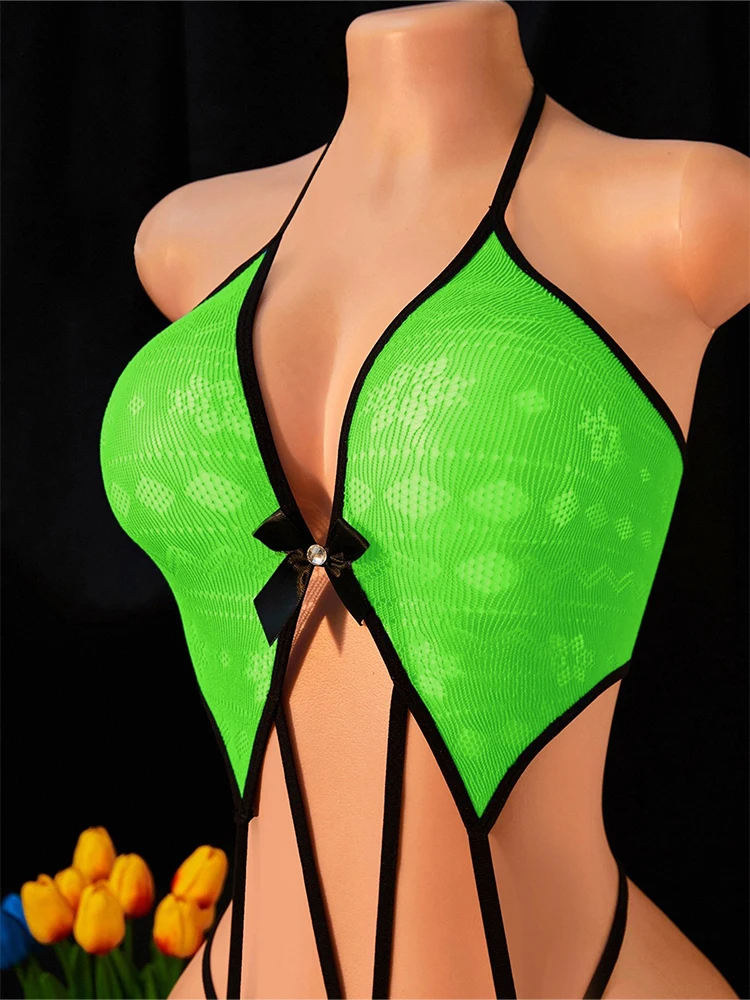FHSEER  2 Pieces Sexy Fishnet Lingerie Set for Women Sexy Women Open Buttocks Stocking  Fishnet Bodystockings Garter image 6